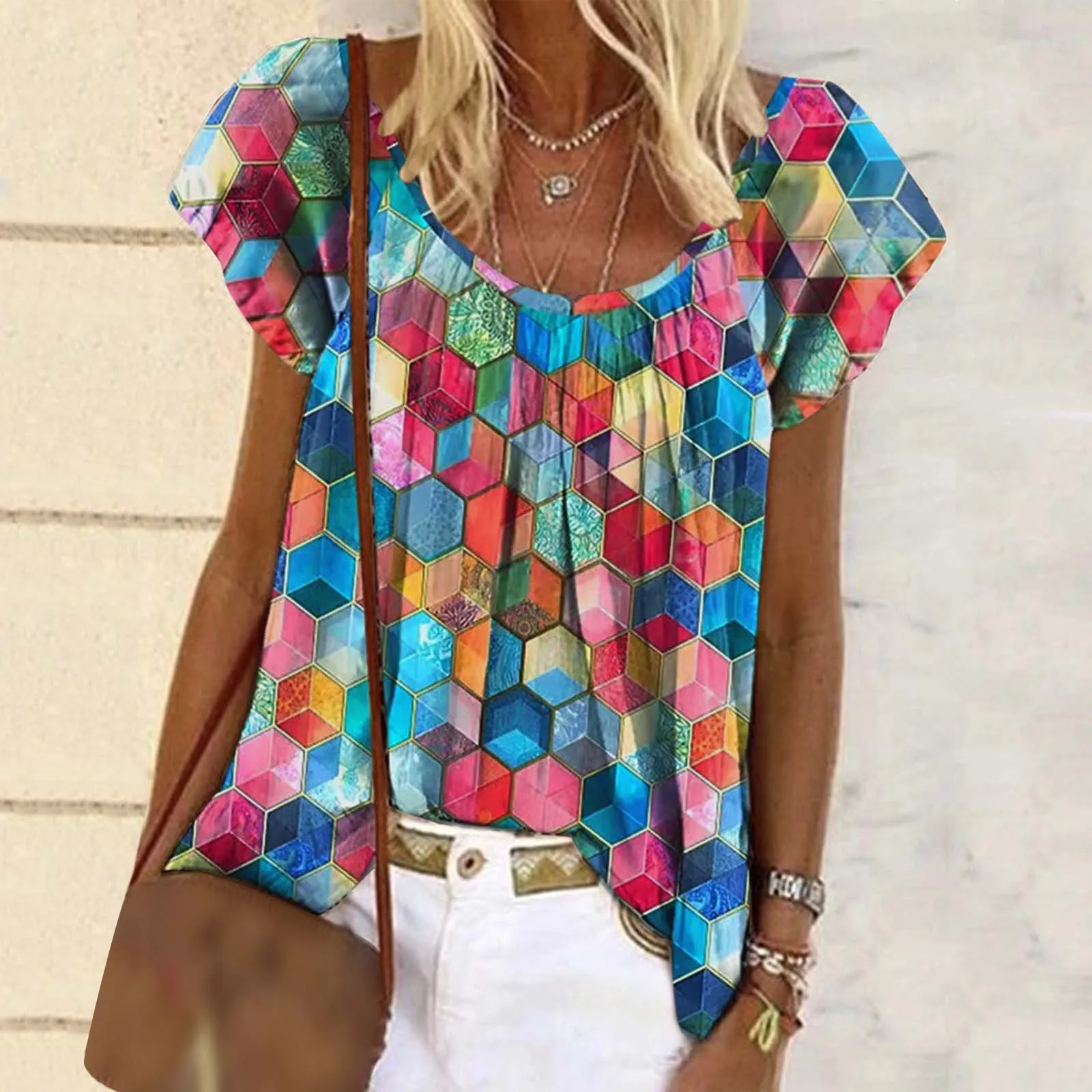 

Футболка женская с геометрическим принтом, модная Повседневная рубашка с круглым вырезом и коротким рукавом, с длинным рукавом, для бега