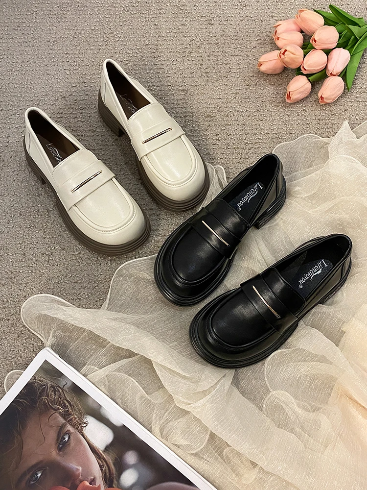 

Round Toe Shoes On Heels Autumn Shallow Mouth Oxfords Women's Slip-on Loafers With Fur Clogs Platform Female Footwear Casual Sne