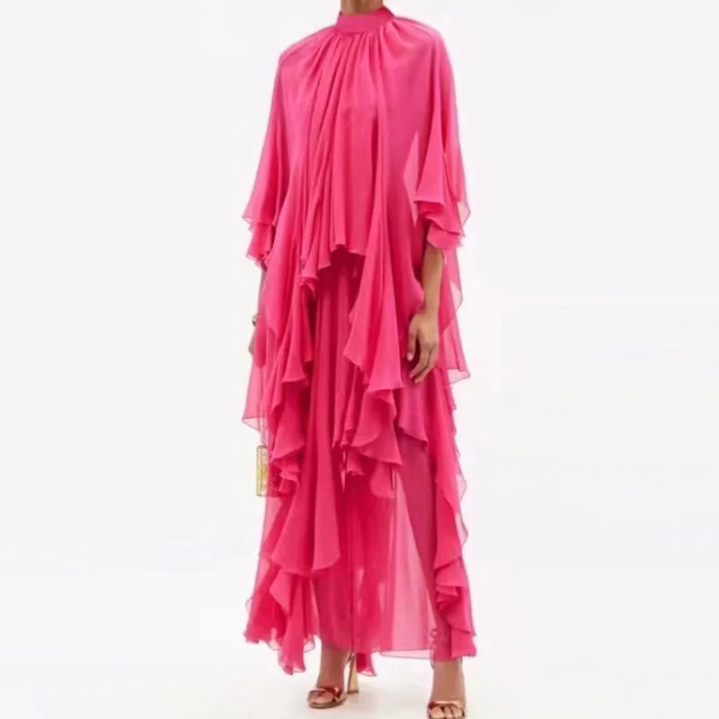 

Summer Seaside Elegant Vacation Style Long Dress 2022 Summer New Fashion Stand Collar Sexy Chiffon Ruffled Dress
