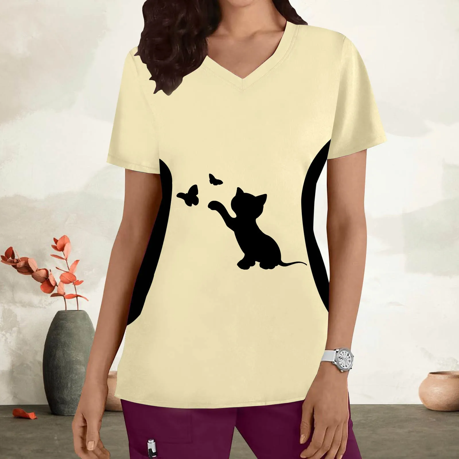

Женский топ с v-образным вырезом и короткими рукавами, принт кошки, футболка с черепашкой, Топ для женщин, хлопковые спортивные топы, Женская ...