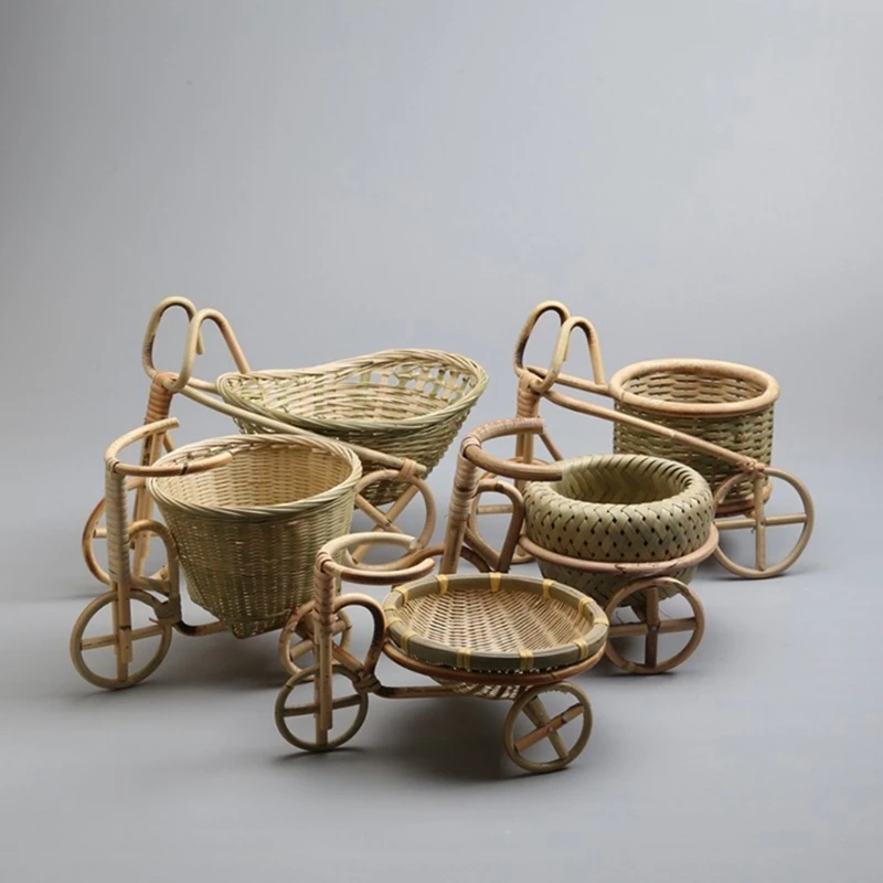 

Mini Tricycle Rattan Woven Fruit Basket Bamboo Handmade Wicker Storage Basket for Fruit Food Bread Organizer Art Crafts G2AB