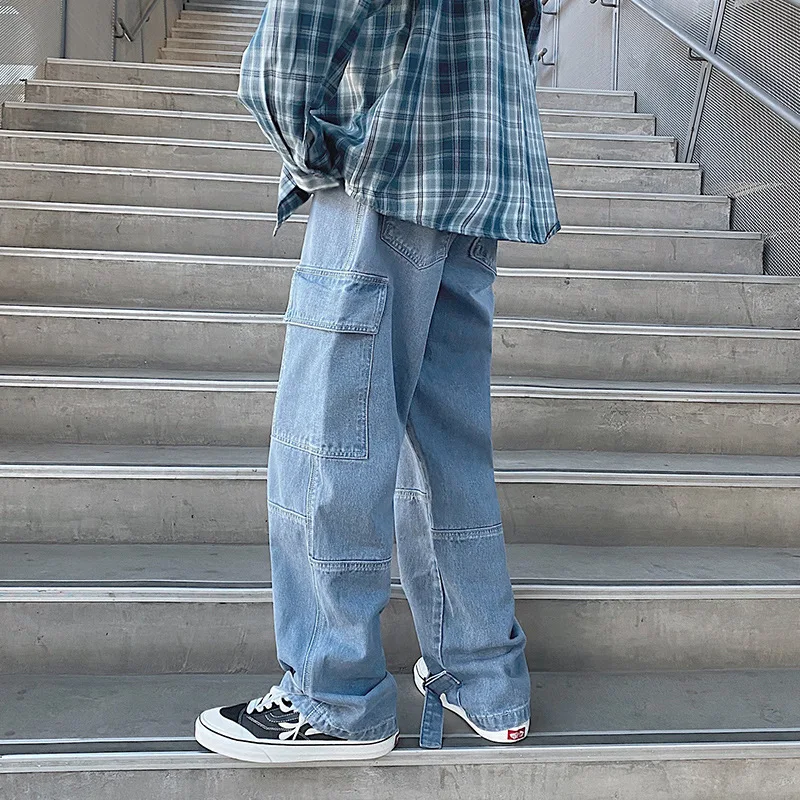 Men Jeans Wide Leg Denim Cargo Pants 