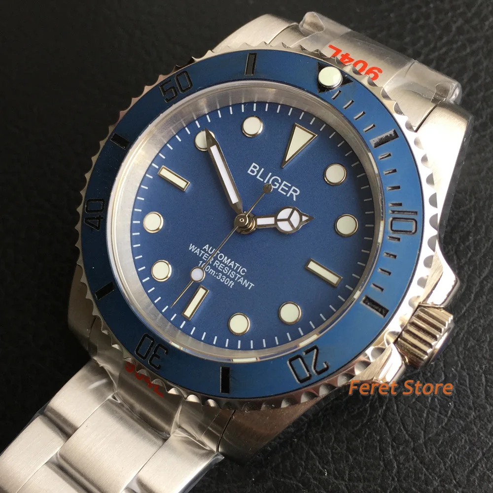 

BLIGER NH35A PT5000 40mm Automatic Mens Watch Flat Sapphire Glass Without Date Window Oyster Bracelet Green Luminous Blue Dial