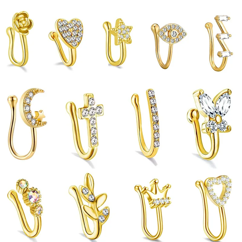 

1Pc Copper Fake Piercing Nose Ring Heart Star Crown Clip on Nose Ear Clip Cuff Earring for Women Girl Gift Body Jewelry Nariz