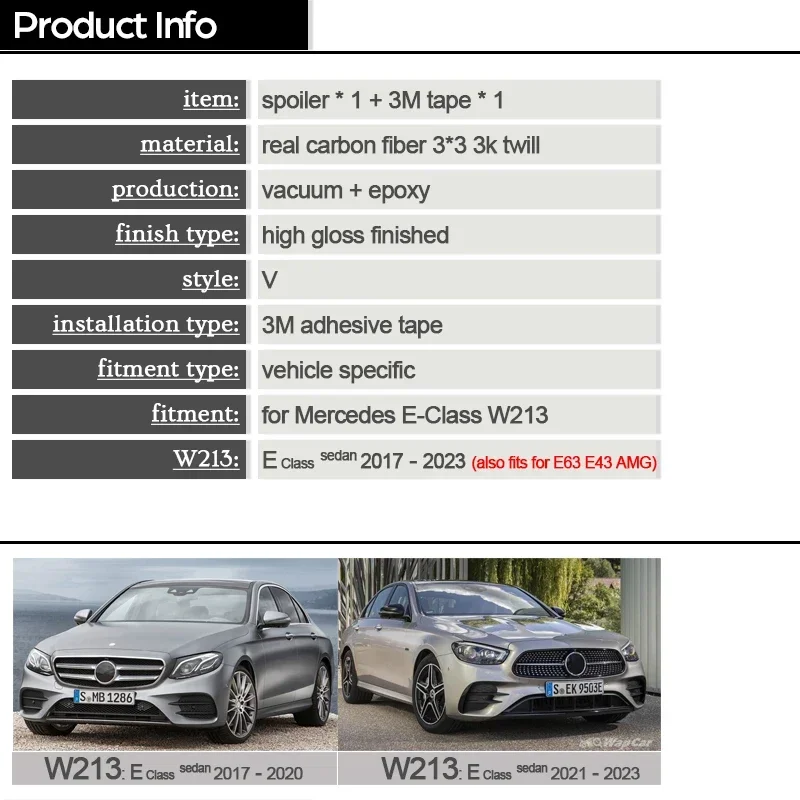 Фото V-образный спойлер багажника из углеродного волокна для Mercedes E Class W213 4-дверный седан 2017-2023 E200 E220 E250 E300 E350 E400 E43 E63 AMG №4