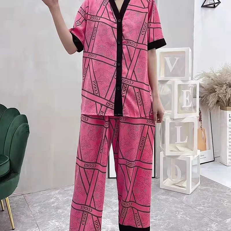 New Summer Pajamas for Women's Japanese and Korean Style Thin Short-sleeved Cardigan Trousers Suit Comfortable Home Service Suit