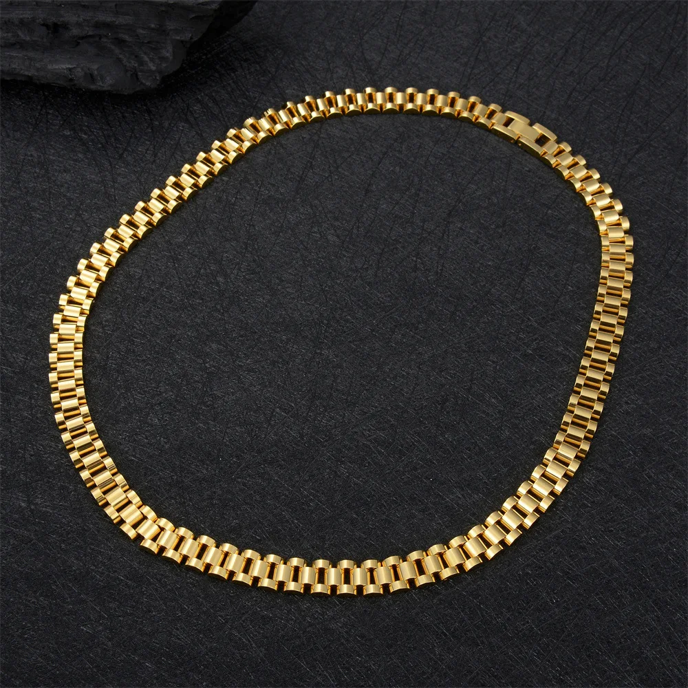 

10MM Hiphop Gold Plate Watchband Necklace For Men Women Stainless Steel Luxury Watch Chain Biker Necklaces Bracelets Jewelry