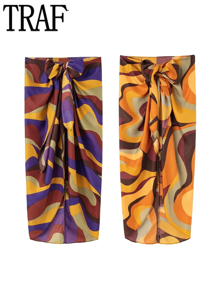 

TRAF Print Long Skirt Women Wrap Midi Skirts Woman Fashion 2022 Knot Sarong Summer Woman Skirt Streetwear Pleated Women Skirt