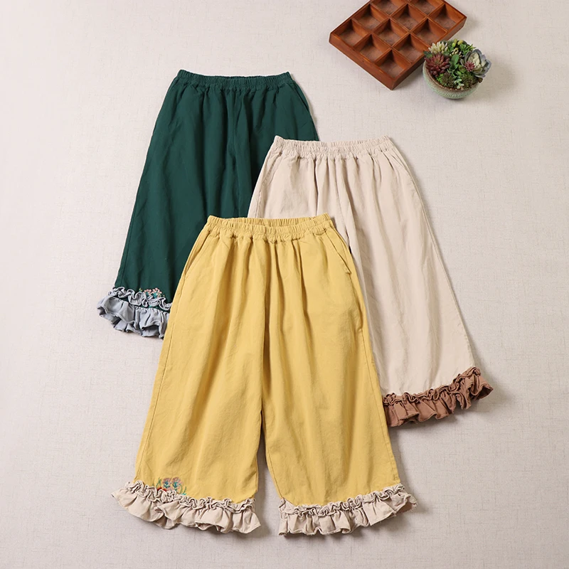 2022 Summer Sweet Sen Women's Japanese Style Agaric Lace Hem Embroidery Loose Versatile Age Reducing Seven Point Wide Leg Pants