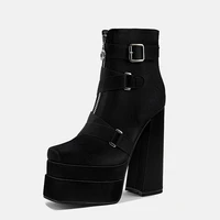 14cm high chunky heels womens satin ankle boots thick platform front zipper buckles short booties new styles shoes ladies