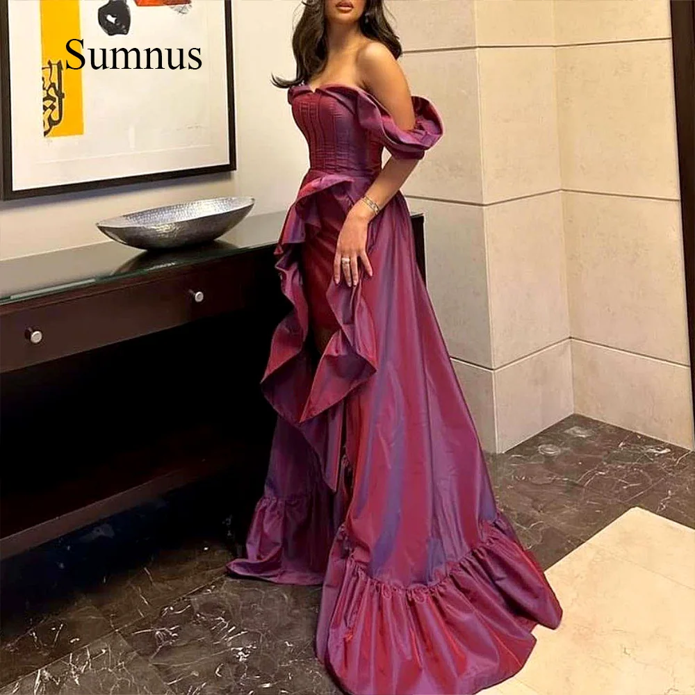 

Sumnus Purple Off the Shoulder Mermaid Evening Dresses Ruched Satin Saudi Arabic Wedding Party Dress Dubai Event Gowns Strapless