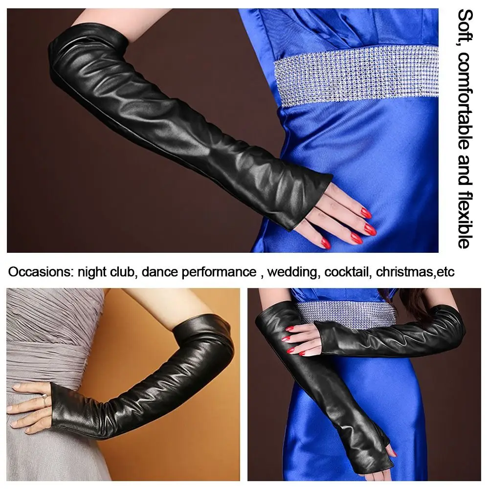 

Winter Warm Elasticity Pu Leather Solid Color Thin Long Arm Sleeve Leather Gloves Fingerless Mittens Cosplay Gloves