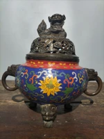 10 tibetan temple collection old purple bronze cloisonne lion cover animal ears pattern three legged incense burner town house
