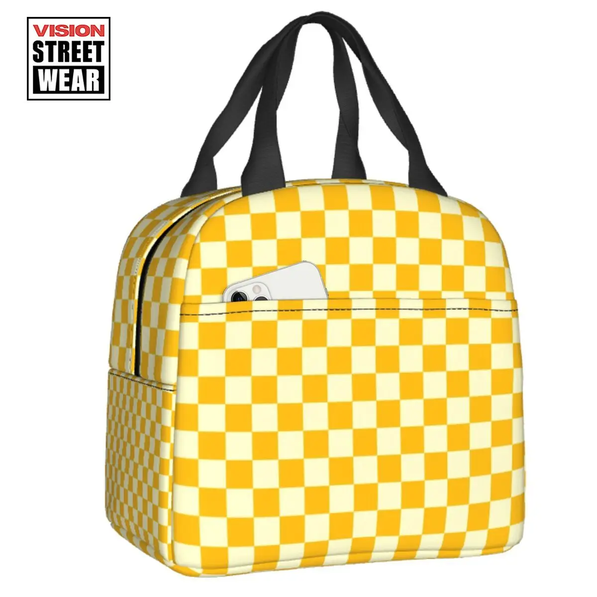 

Cream Yellow Checkerboard Insulated Lunch Tote Bag For Geometric Checkered Resuable Thermal Cooler Food Lunch Box School