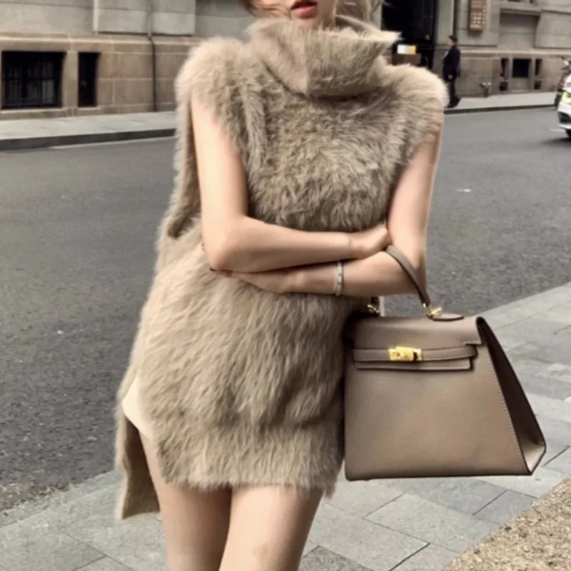 Норковый кашемировый свободный свитер без рукавов с высоким воротником женский