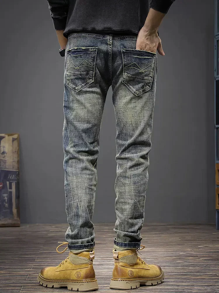 Newly Designer Fashion Men Jeans Retro Black Blue Stretch Slim Fit Ripped Jeans Men Elastic Trousers Vintage Denim Pants Hombre