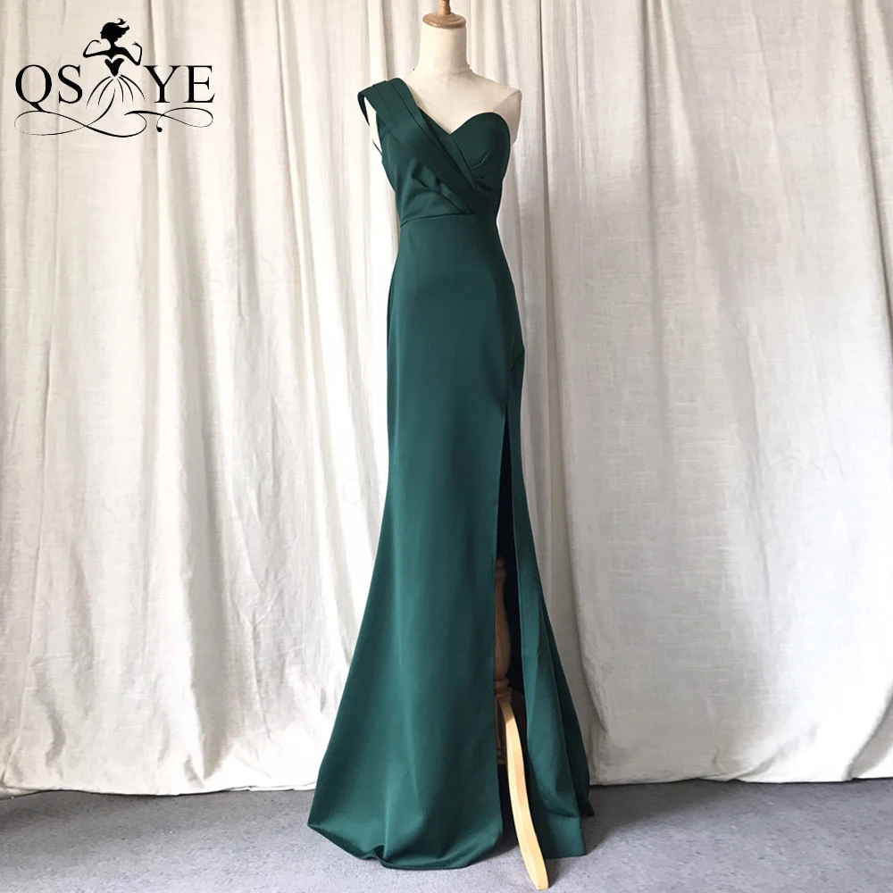

One Shoulder Green Evening Dresses Simple Sheath Stretchy Prom Gown Ruched Bodice Party Sexy Split Plain Women Fit Formal Dress