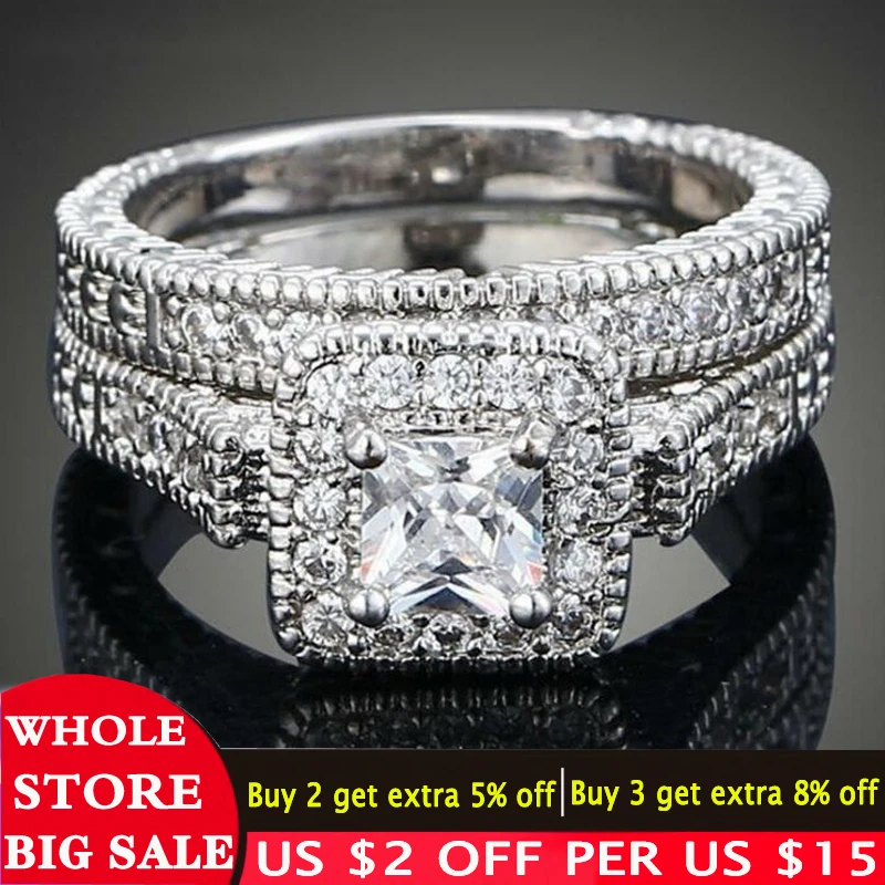 

LMNZB Genuine Tibetan Silver Ring 2pcs Pair Fashion Cubic Zirconia Ring Luxury Wedding Band Set Promise Jewelry for Women R293