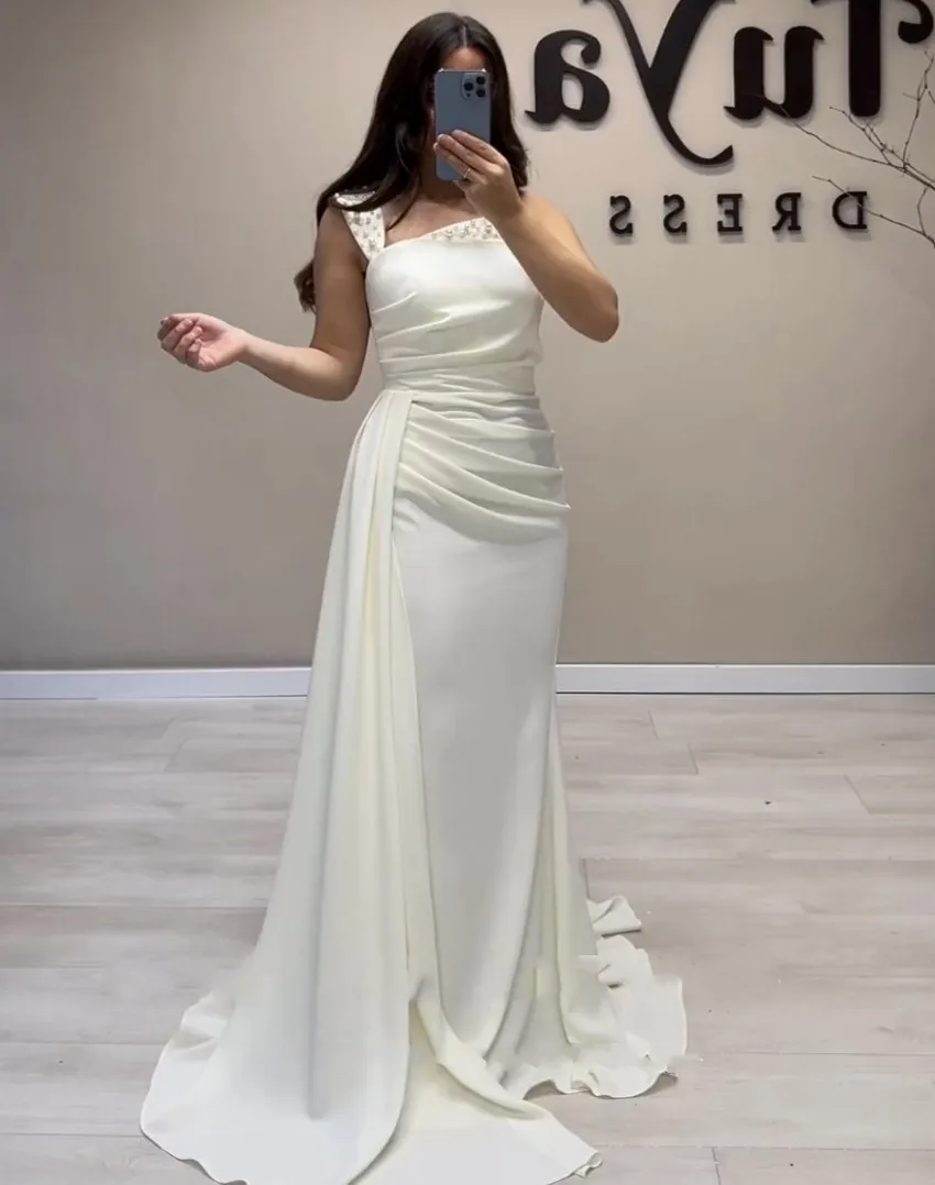 

Elegant Women Evening Dresses One Shoulder Beaded Pearls Soft Satin Prom Formal Celebrity Gowns Arabic Robe De Soiree