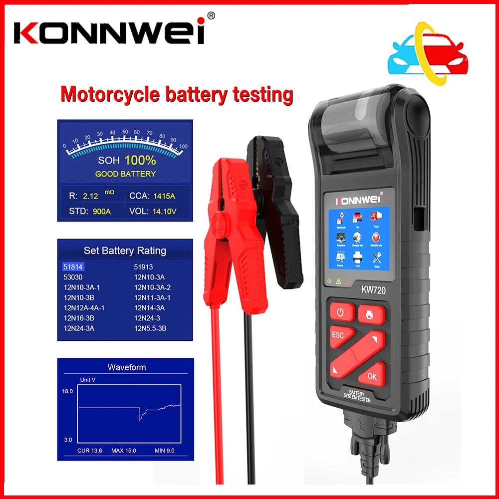 

Тестер автомобильного аккумулятора KONNWEI KW720 6 в/12 В/24 В, тестер аккумулятора для мотоцикла, автомобиля, грузовика со встроенным принтером