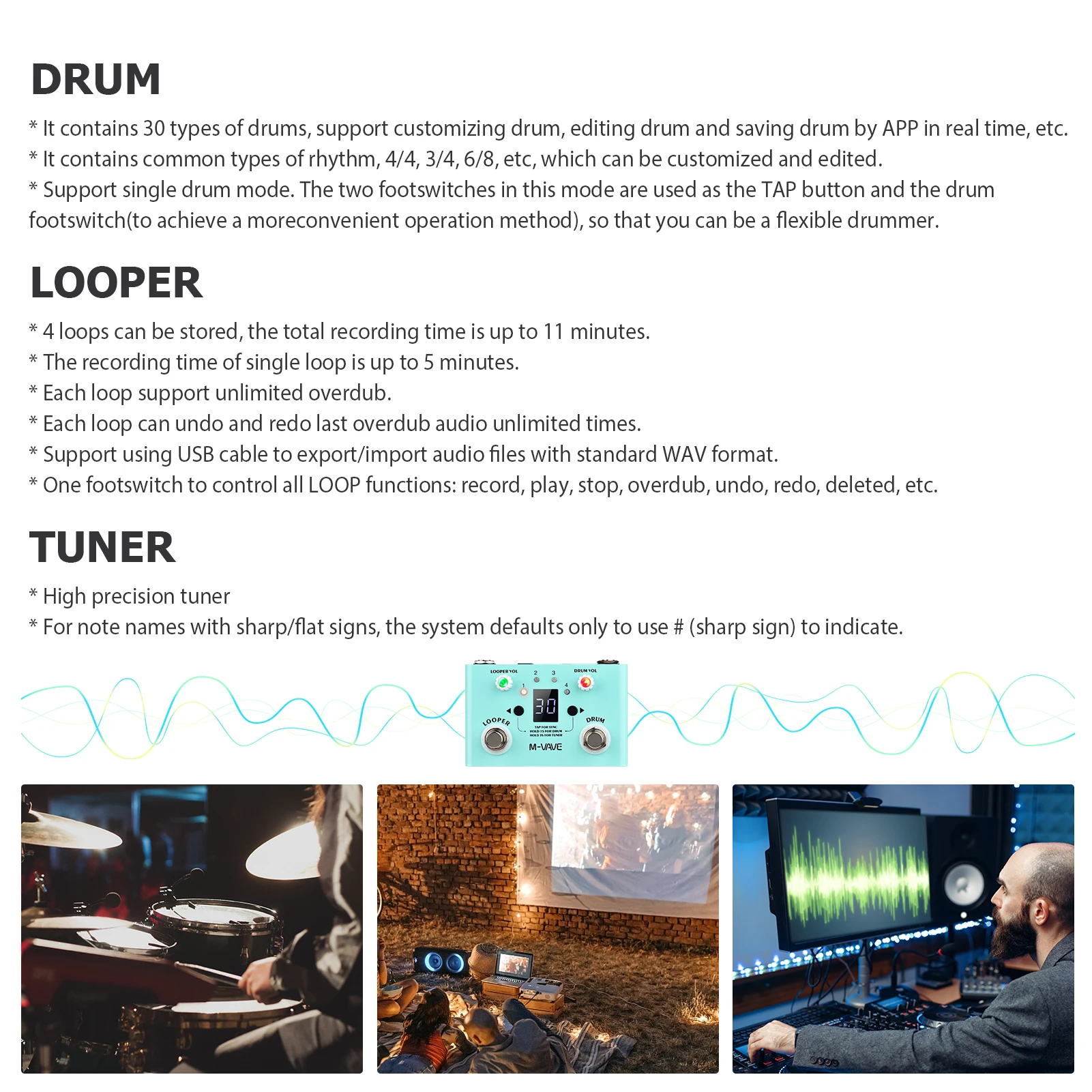 Guitar Pedal 30 Drums 4 Loops High Precision Tuner Drum Looper Effector Mini 2-in-1 Machine Double Footswitch Looper enlarge