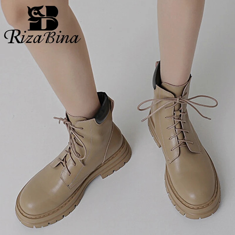 

RIZABINA New Women Ankle Boots Genuine Leather Chunky Winter Shoes For Woman Fashion Short Boots Female Footwear Size 34-39