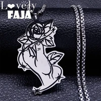 goth rose in hand necklace stainless steel pendant women men punk hip pop gothic silver color necklace jewelry gifts n3353s03