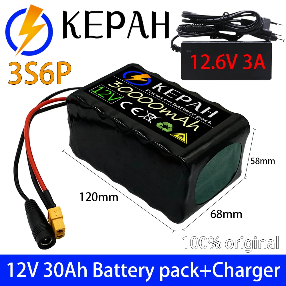 

new pattern12V 30Ah 3S6P 18650 lithium battery pack + 12.6V 3A charger, built-in 30Ah high current BMS, used for sprayer,