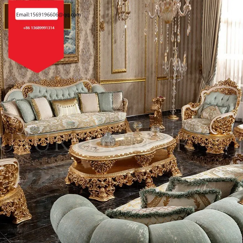 All solid wood carved European sofa combination villa living room furniture French fabric gold foil sofa customization