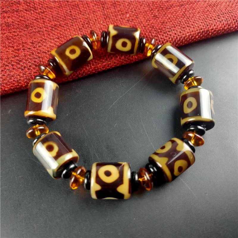 

Tibetan Style Three Eyes Dzi Agate Barrel Bead Bracelet Vintage Ethnic Style Couple Jewelry Wholesale