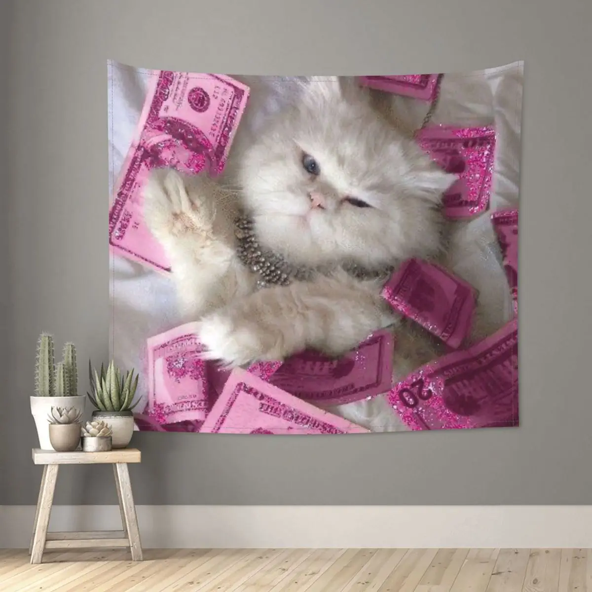 

Cat With Money Meme Tapestry Hippie Polyester Wall Hanging Decoration for Bedroom Beach Mat Retro Wall Blanket