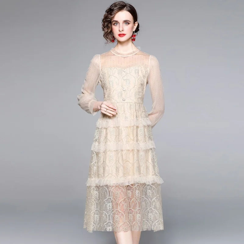 

Женское Сетчатое платье с оборками, милое однобортное праздничное платье миди с длинным рукавом, цветочной вышивкой и кружевной отделкой