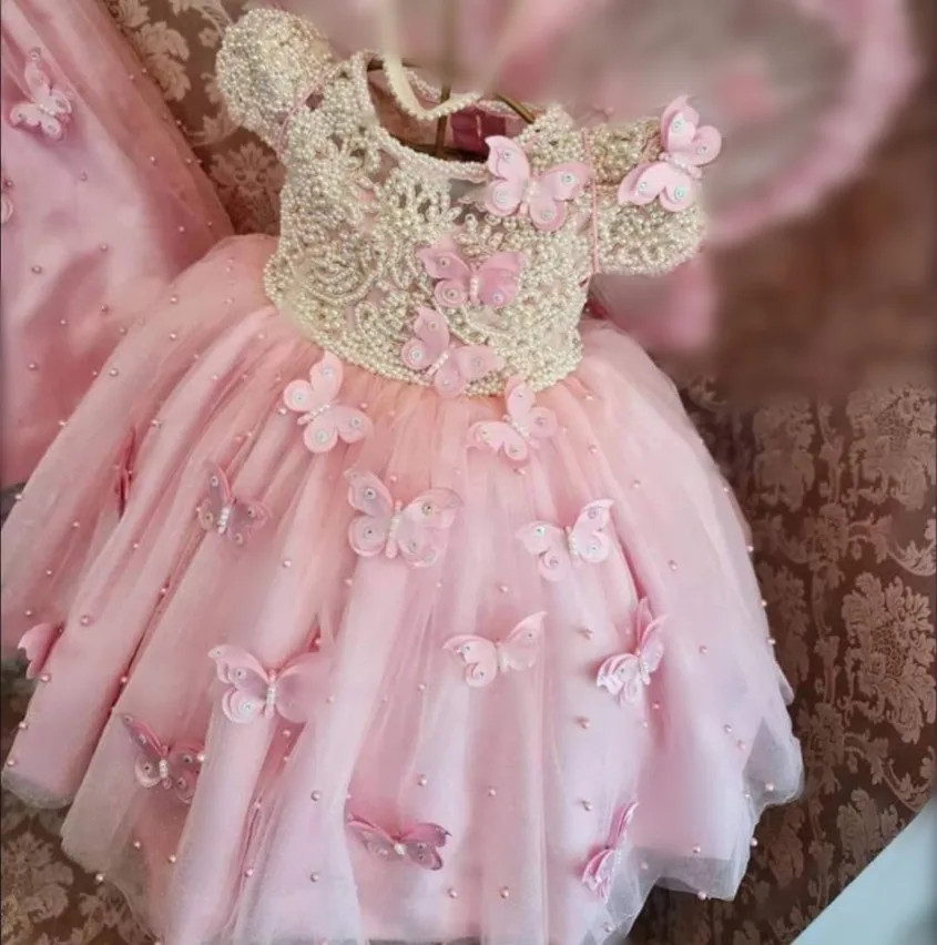 

Luxury Pearls Beading Pink Flower Girl Dresses Long Length Cap Sleeve Infant Baby Girl Birthday Dress Party Gown