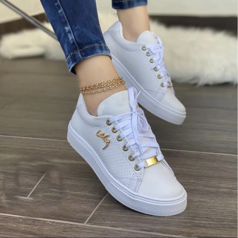 

New Women's Casual Shoes Fashion Round Toe Platform Lace-Up Flats Simple Metal Embellished Breathable Sneakers Sapatos Casuais