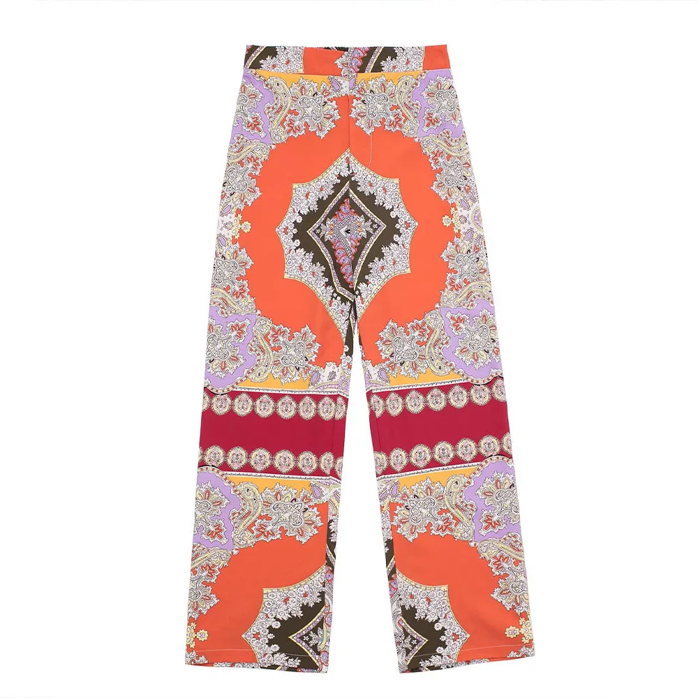 

Women 2022 New Fashion Chic Scarf Printed Trousers Retro Back Stretch Mid Waist Piping Pockets Zipper Female Skinny Pants Mujer