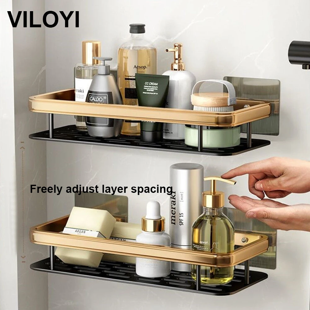 

VILOYI Shower Shelf Thickened Space Aluminum Bathroom Shelves Black Gold Self Adhesive Wall Mounted Square Shampoo Storage Racks