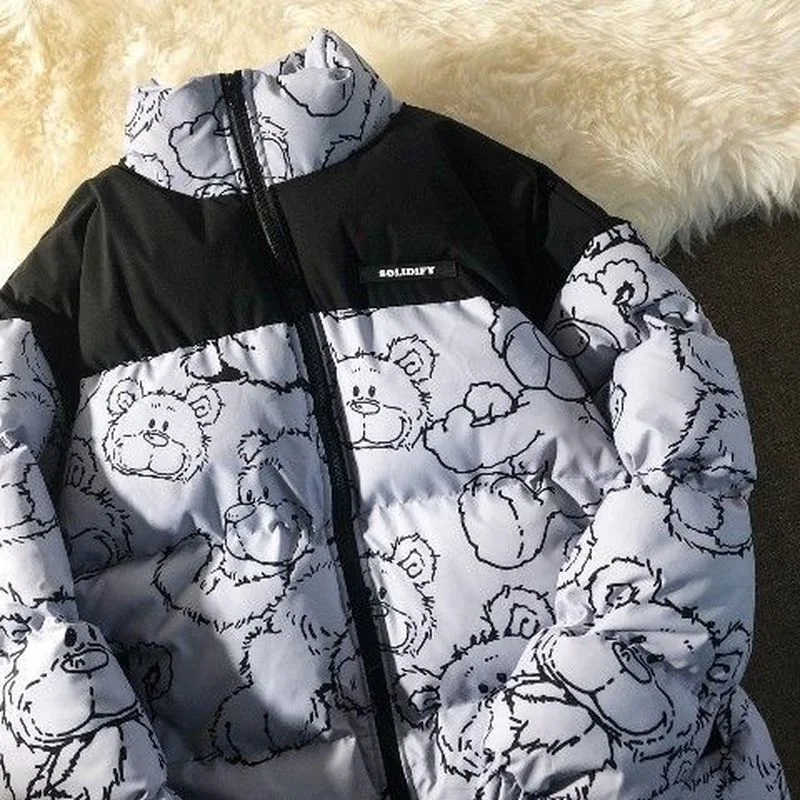 Women Warm Thicken Outerwear Loose Parkas Coats Fashion Cartoon Printed Cotton Windbreaker Jacket Zip Coat Jackets 2021 Winter