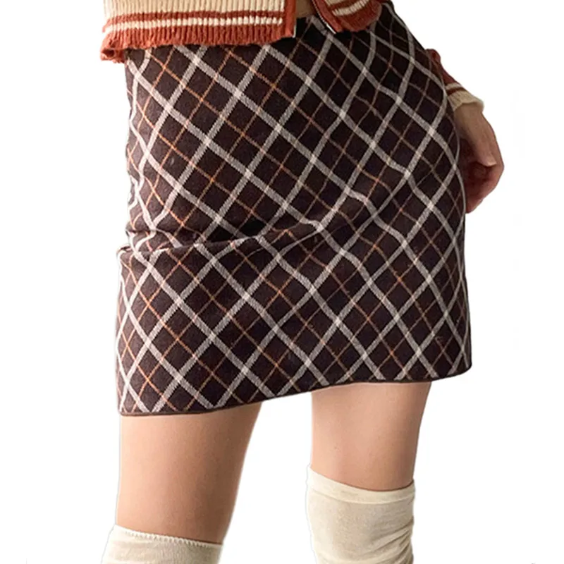 

Musuos Women Vintage Fashion Argyle Wrapped Bottoms Autumn Spring High Waist Slim Pencil Short Mini Skirts Streetwear