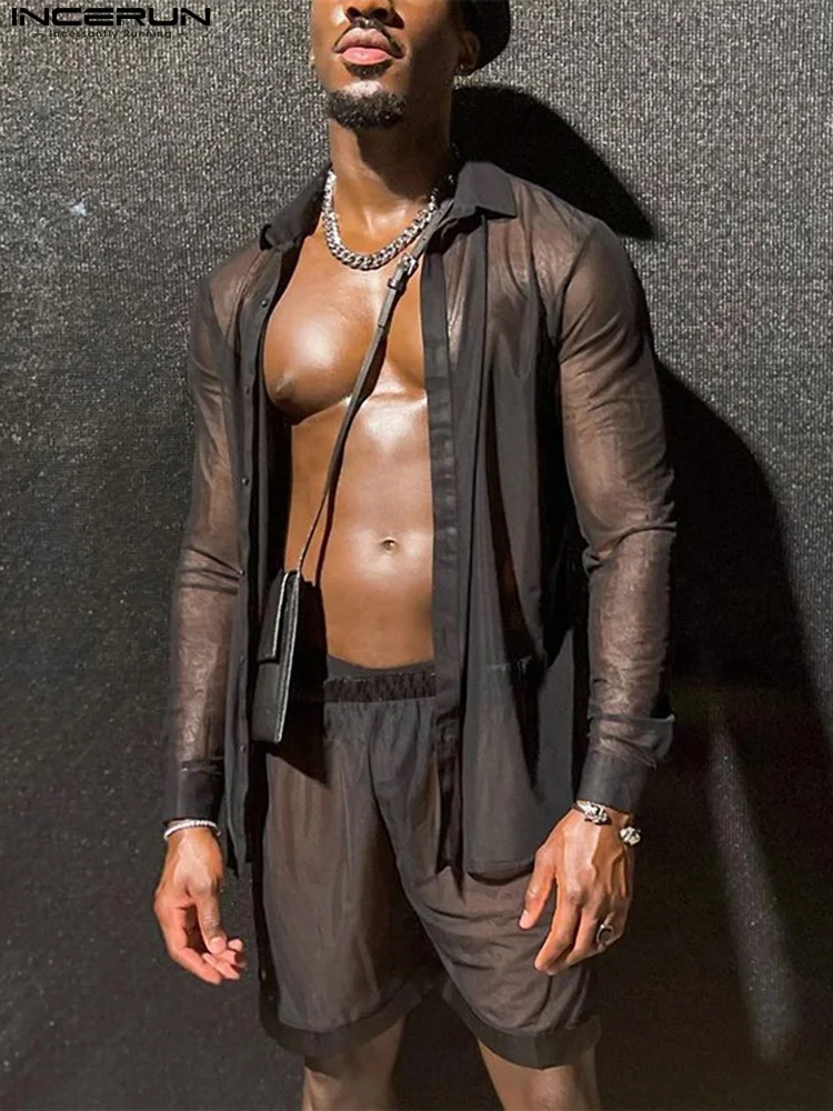 

INCERUN Fashion Men Sets Mesh Transparent Long Sleeve Shirt & Shorts Two Pieces Streetwear Solid Sexy Men Casual Suits S-5XL