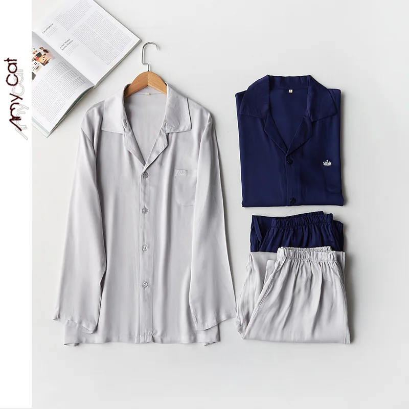 2022 New Spring Summer Pajamas Set Men Cardigan Homewear High Quality Full Sleeve Night Sleeping Pants Sets Two-piece