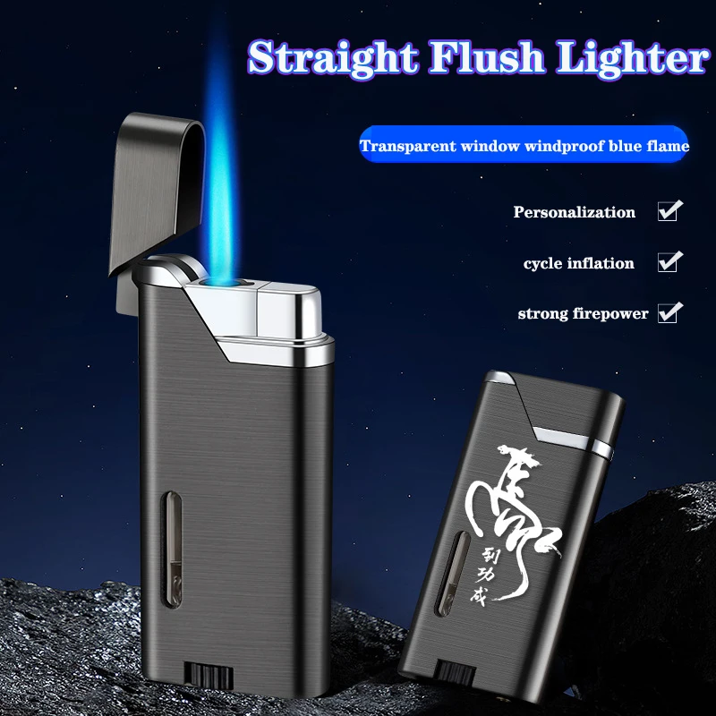 

Ultra-Thin Metal Inflatable Open Cover Press Straight Into The Blue Flame Windproof Lighter Smoking Accessories Men'S Gift