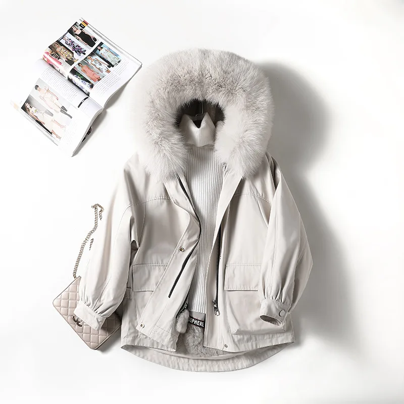 Parka Women's New Rex Rabbit Fur Detachable Liner Fox Fur Big Fur Collar Short Fur Coat Winter Clothes