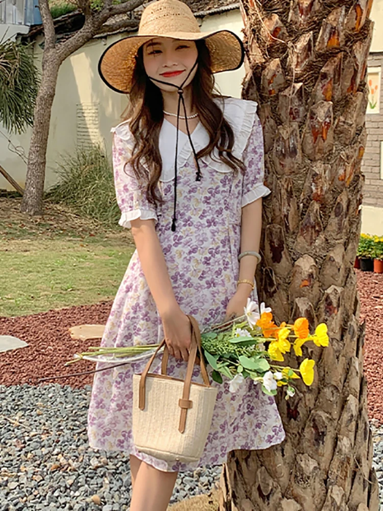 

2023 Floral Chiffon Chic Ruffled Doll Collar Midi Dress Women Korean Elegant Bodycon Dress Summer Fashion Casual Beach Dress