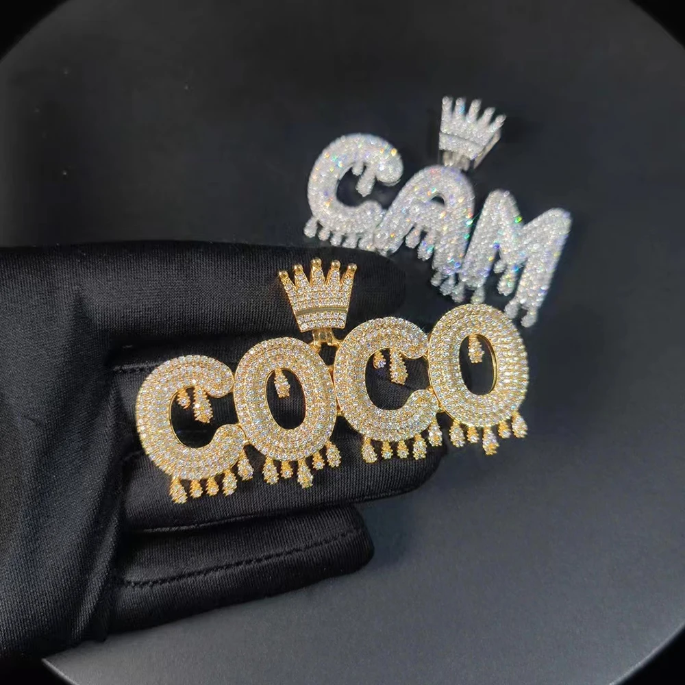 TopBling Hip Hop A-Z Custom Letter Pendant Necklace Waterdrop Charm Crown Buckle 18K Real Gold Plated Jewelry