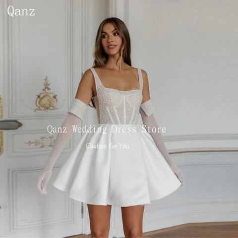 Qanz белое свадебное платье с бусинами и короткими бретельками Robe De Mariée на шнуровке Vestidos De Boda Para Fiestas по индивидуальному заказу