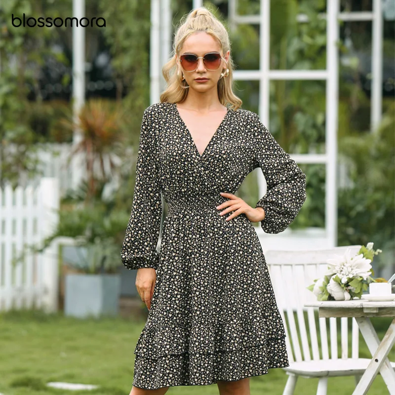 

Blossomora 2022 Black Polka Dots Midi Dress for Women Casual V Neck Elastic Waist Chiffon Dresses Fashion Long Sleeve Spring
