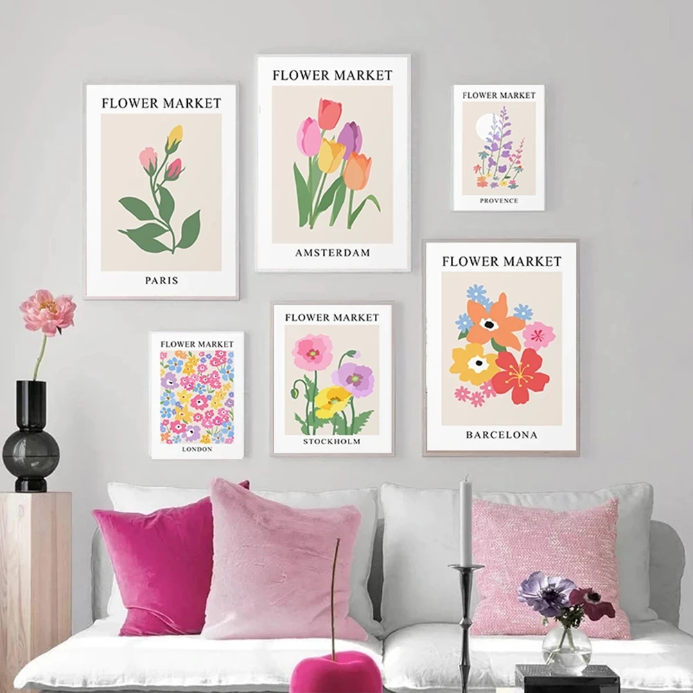 

Печатная розовая ботаническая живопись, настенное искусство, модульный цветочный рынок, холст, скандинавский плакат, картина, Современный домашний декор, прикроватный фон