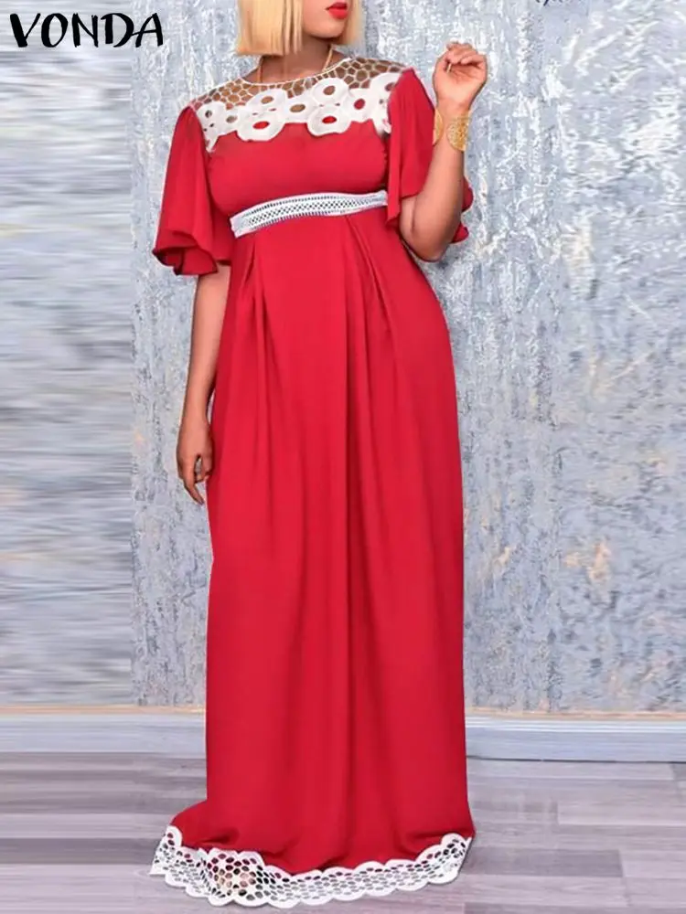 

Женское богемное Летнее Длинное Платье VONDA 2023, плиссированное кружевное платье с коротким рукавом, женское свободное Повседневное платье в стиле пэчворк