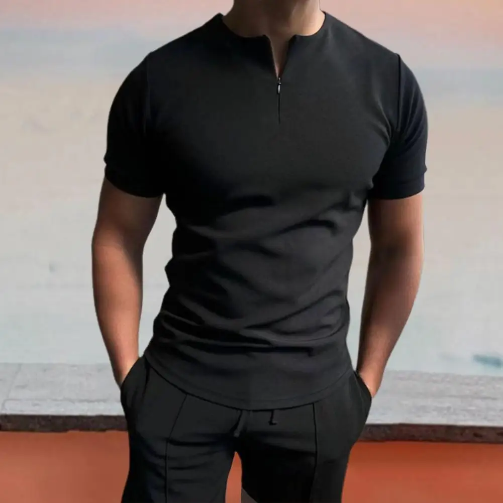 

Men Polo Shirts Shorts Two Pieces Set Solid Color Stand Collar Zipper Short Sleeves Stretchy Waist Summer Tops Pants Outfit