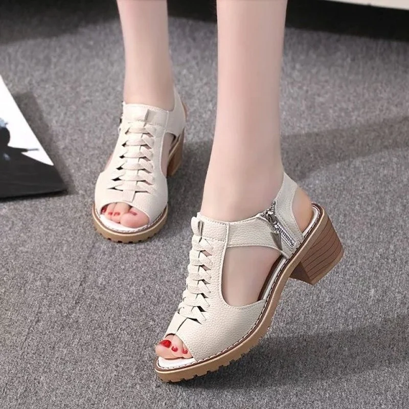 

2022 New Women's Square Heel Summer Shoes Leather Zip Gladiator Sandals Medium Heel Zip Platform Sandals High Heels 43